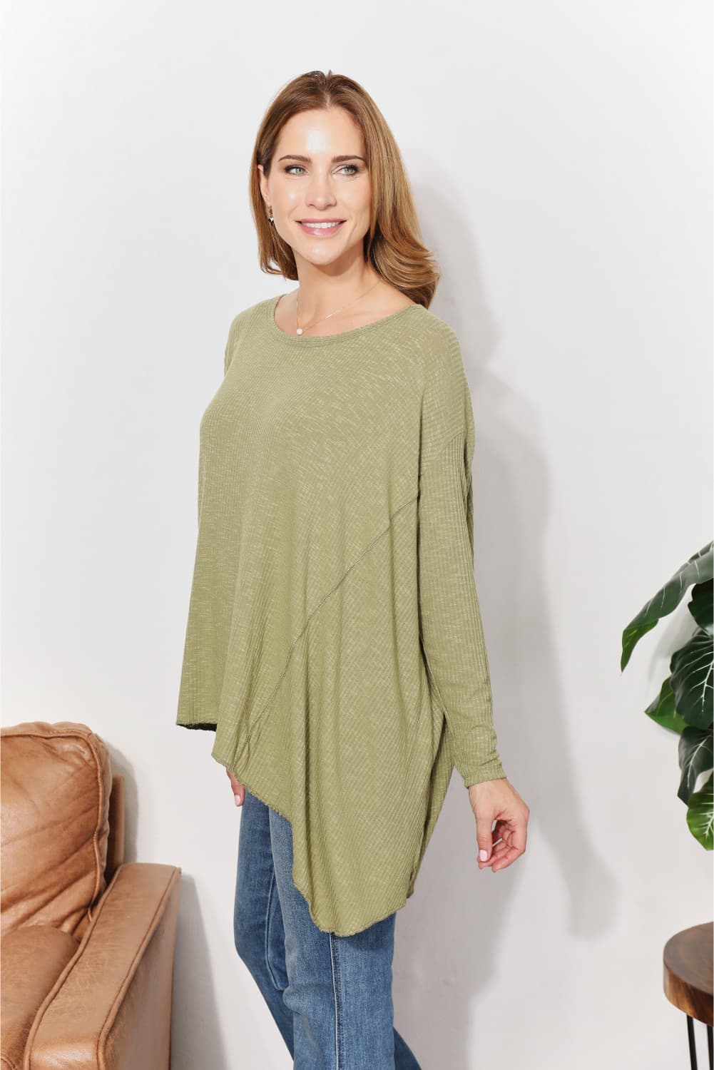 HEYSON Full Size Oversized Super Soft Rib Layering Top with a Sharkbite Hem and Round Neck - AllIn Computer