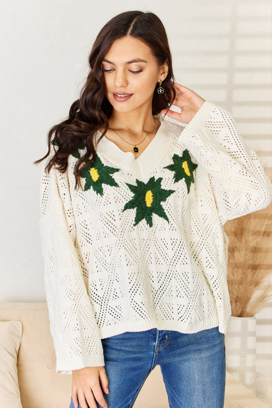 POL Floral Embroidered Pattern V-Neck Sweater - AllIn Computer