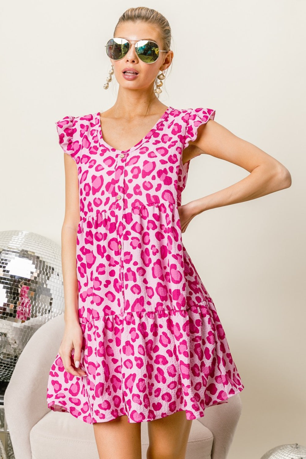 BiBi Leopard Cap Sleeve Tiered Mini Dress - AllIn Computer