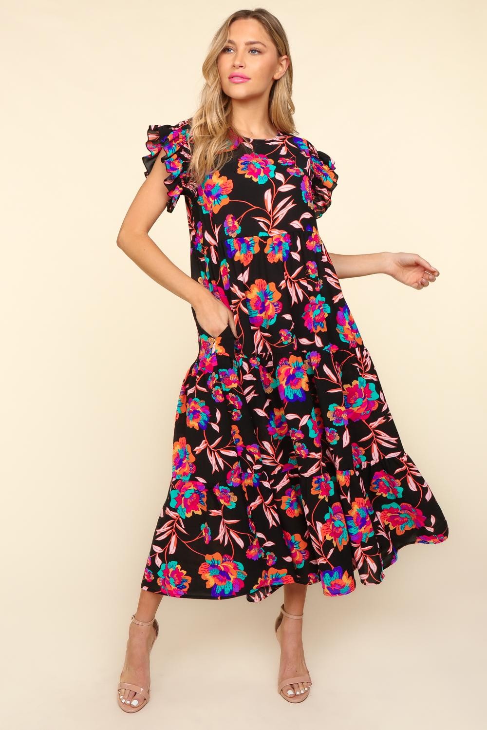 Haptics Ruffled Printed Round Neck Cap Sleeve Dress - AllIn Computer