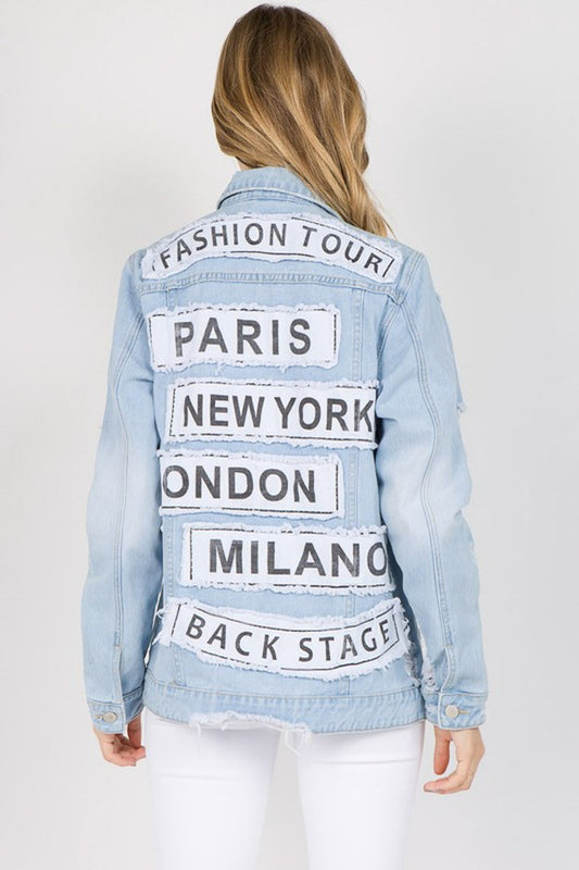 American Bazi Letter Patched Distressed Denim Jacket - AllIn Computer