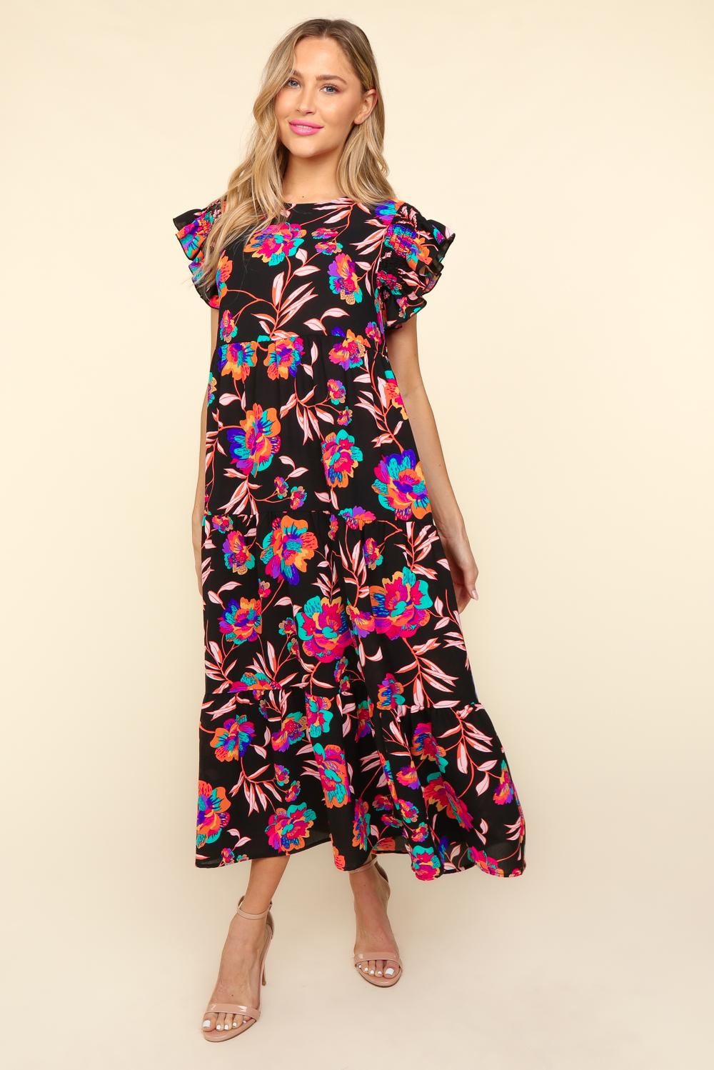Haptics Ruffled Printed Round Neck Cap Sleeve Dress - AllIn Computer