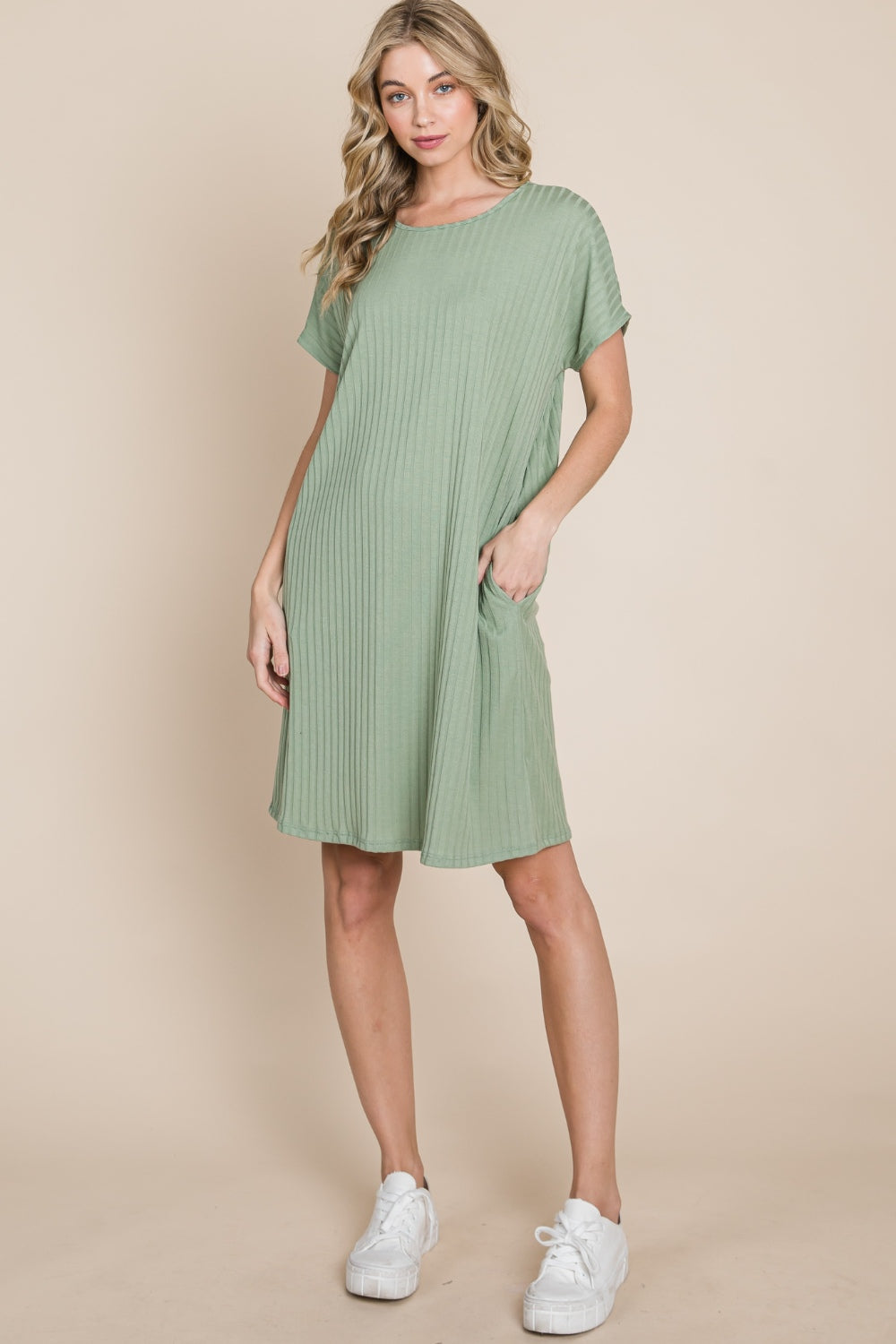 BOMBOM Ribbed Round Neck Short Sleeve Dress - AllIn Computer