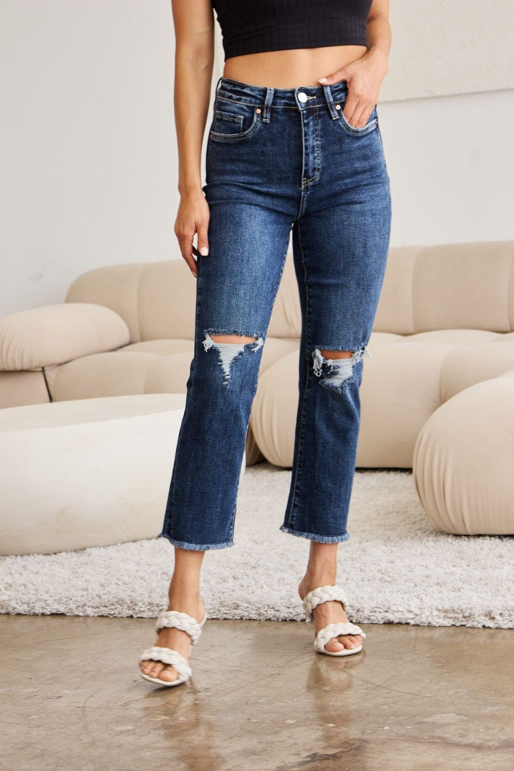 RFM Crop Dylan Full Size Tummy Control Distressed High Waist Raw Hem Jeans - AllIn Computer