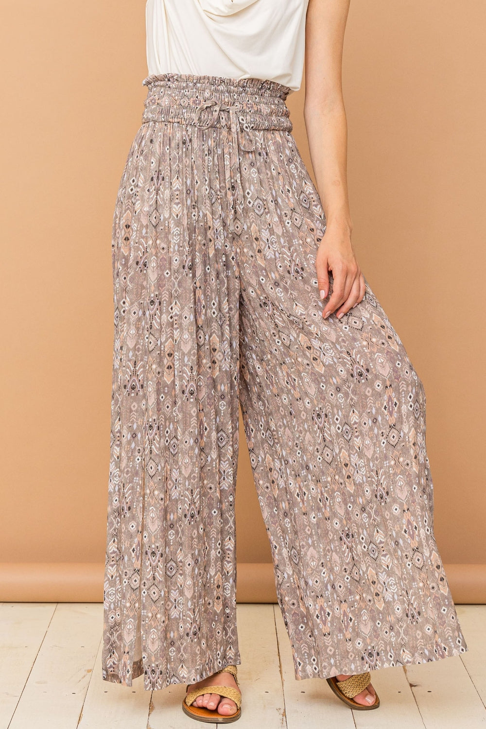 And The Why Printed Smocked Waist Slit Wide Leg Pants - AllIn Computer