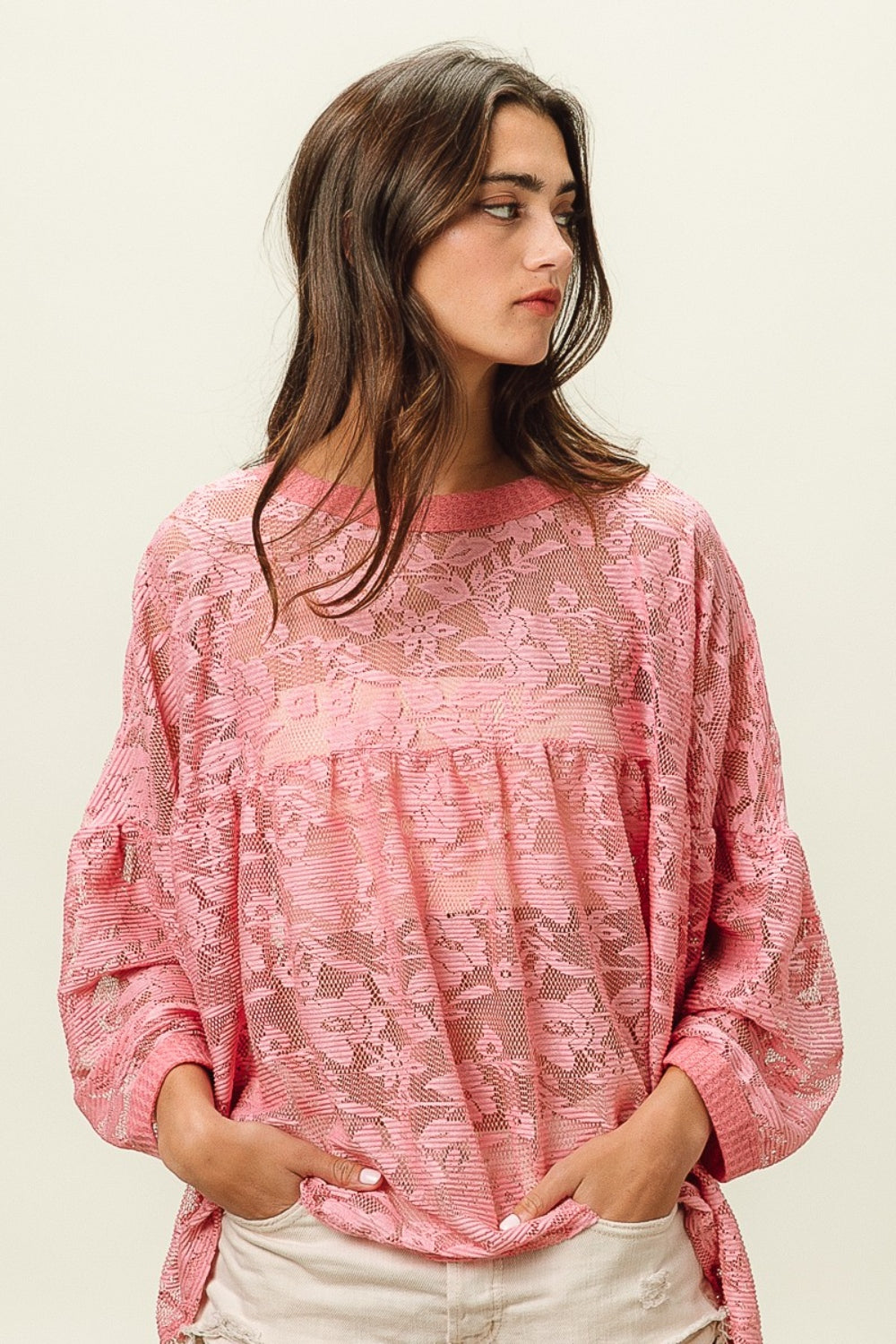 BiBi Floral Lace Long Sleeve Top - AllIn Computer