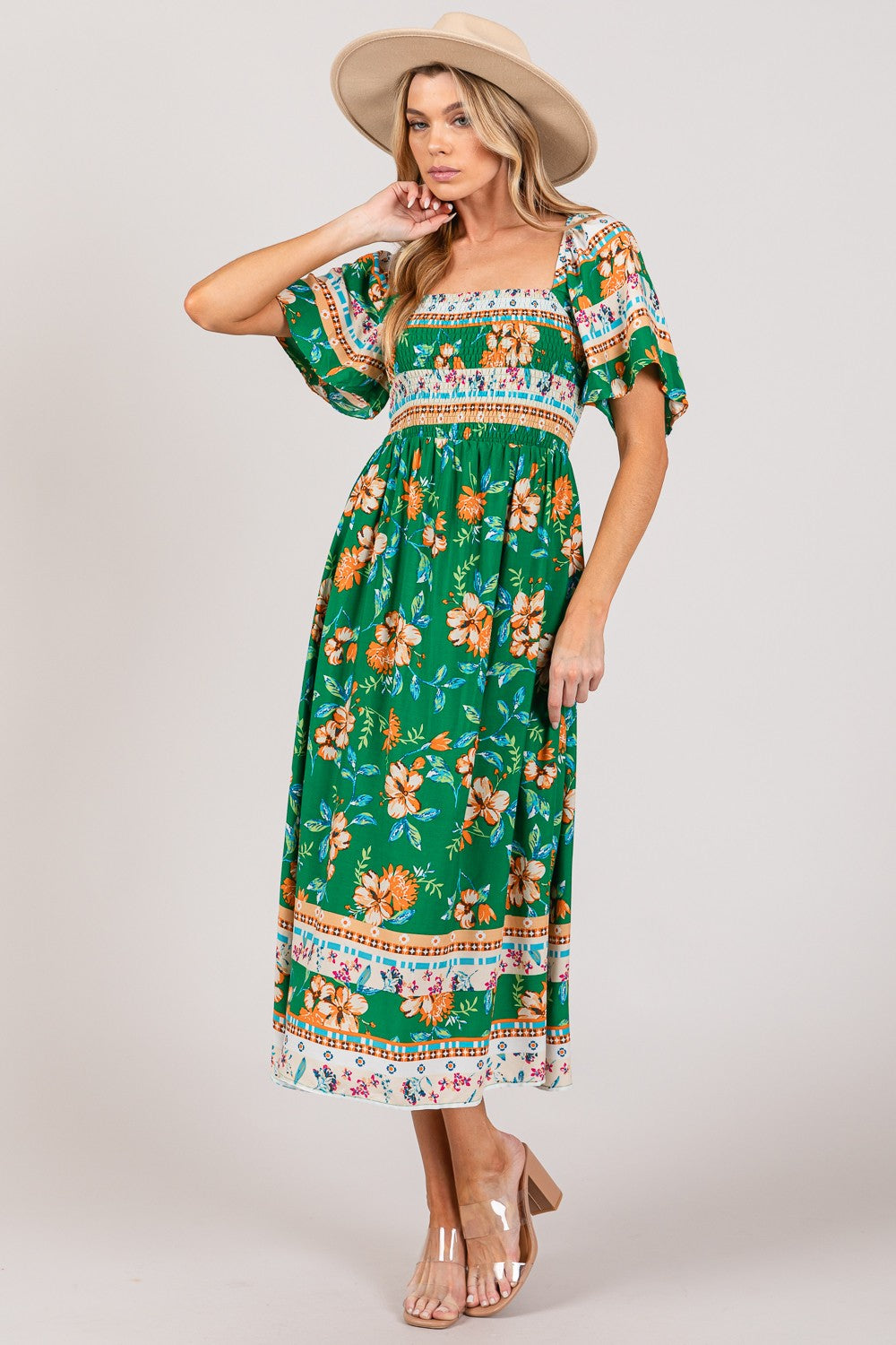 SAGE + FIG Printed Smocked Short Sleeve Midi Dress - AllIn Computer