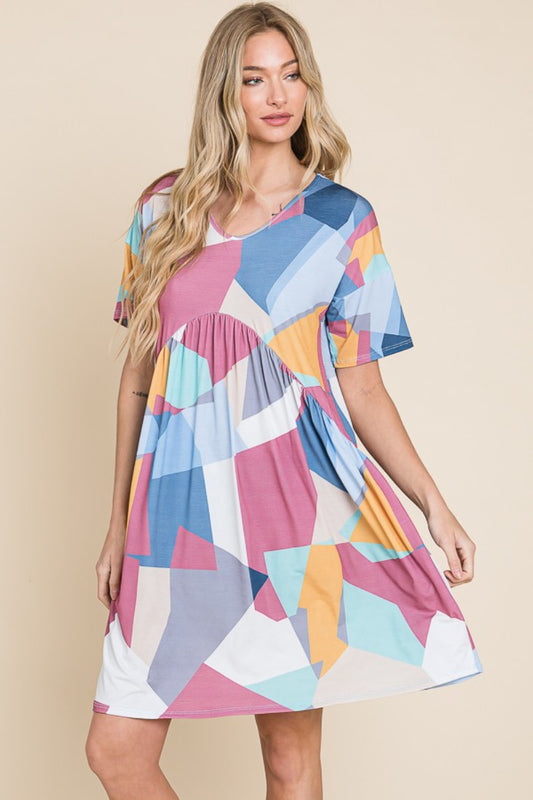 BOMBOM Ruched Color Block Short Sleeve Dress - AllIn Computer