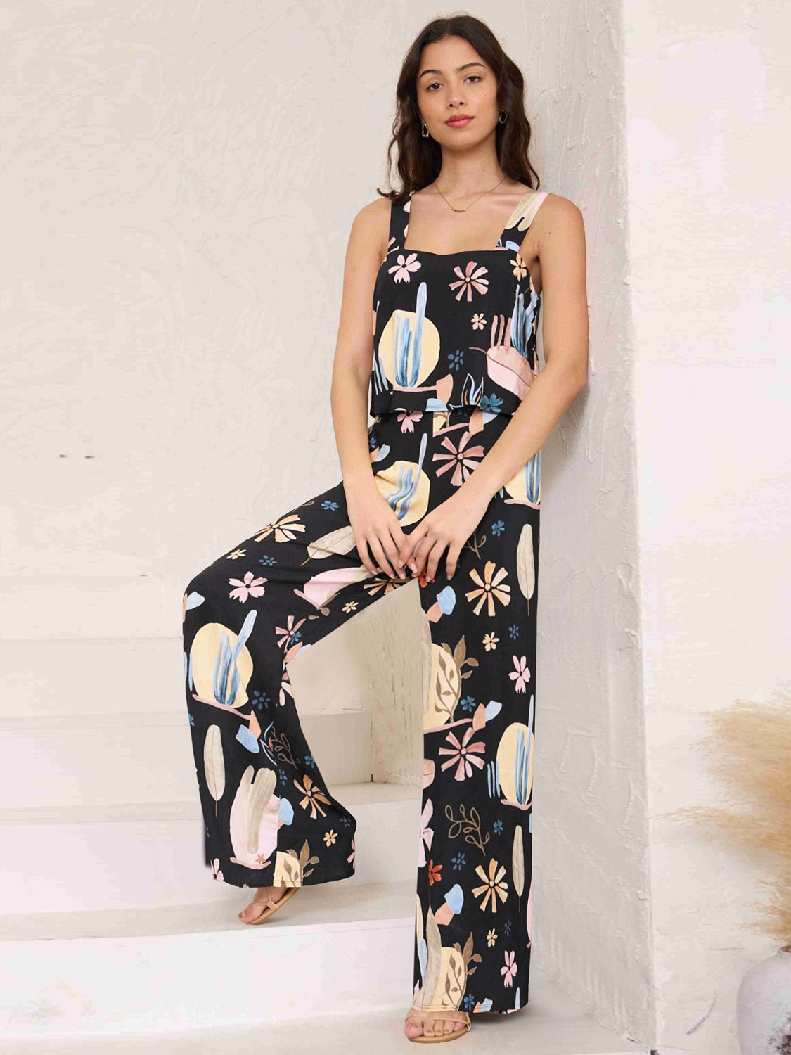 Printed Wide Strap Top and Pants Set - AllIn Computer