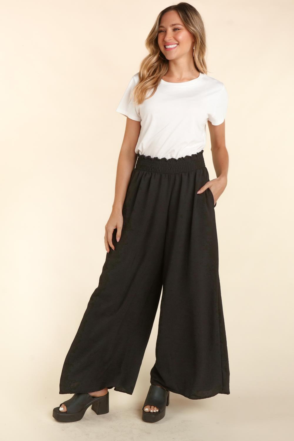 Haptics Elastic Waist Wide Leg Pants with Pockets - AllIn Computer
