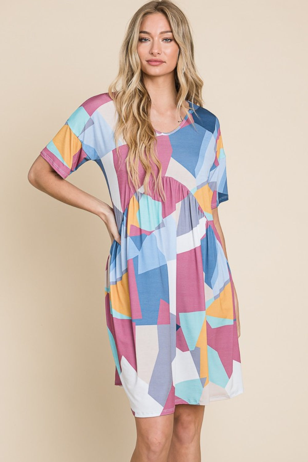 BOMBOM Ruched Color Block Short Sleeve Dress - AllIn Computer