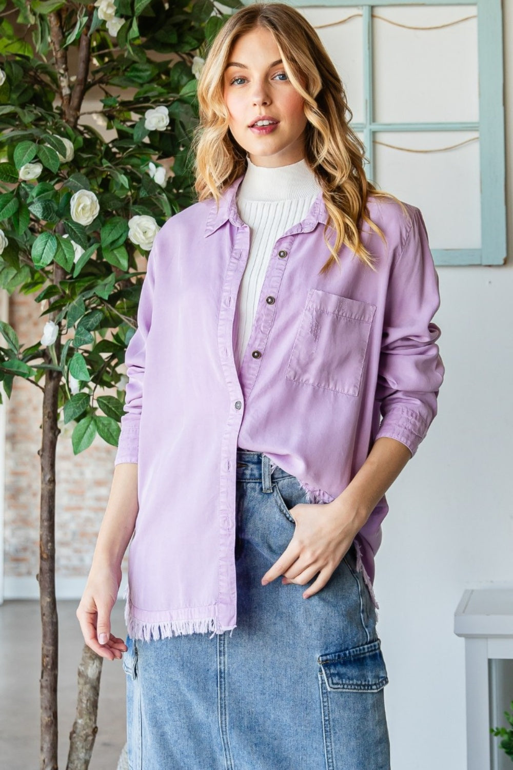 Veveret Raw Hem Button Up Long Sleeve Shirt - AllIn Computer
