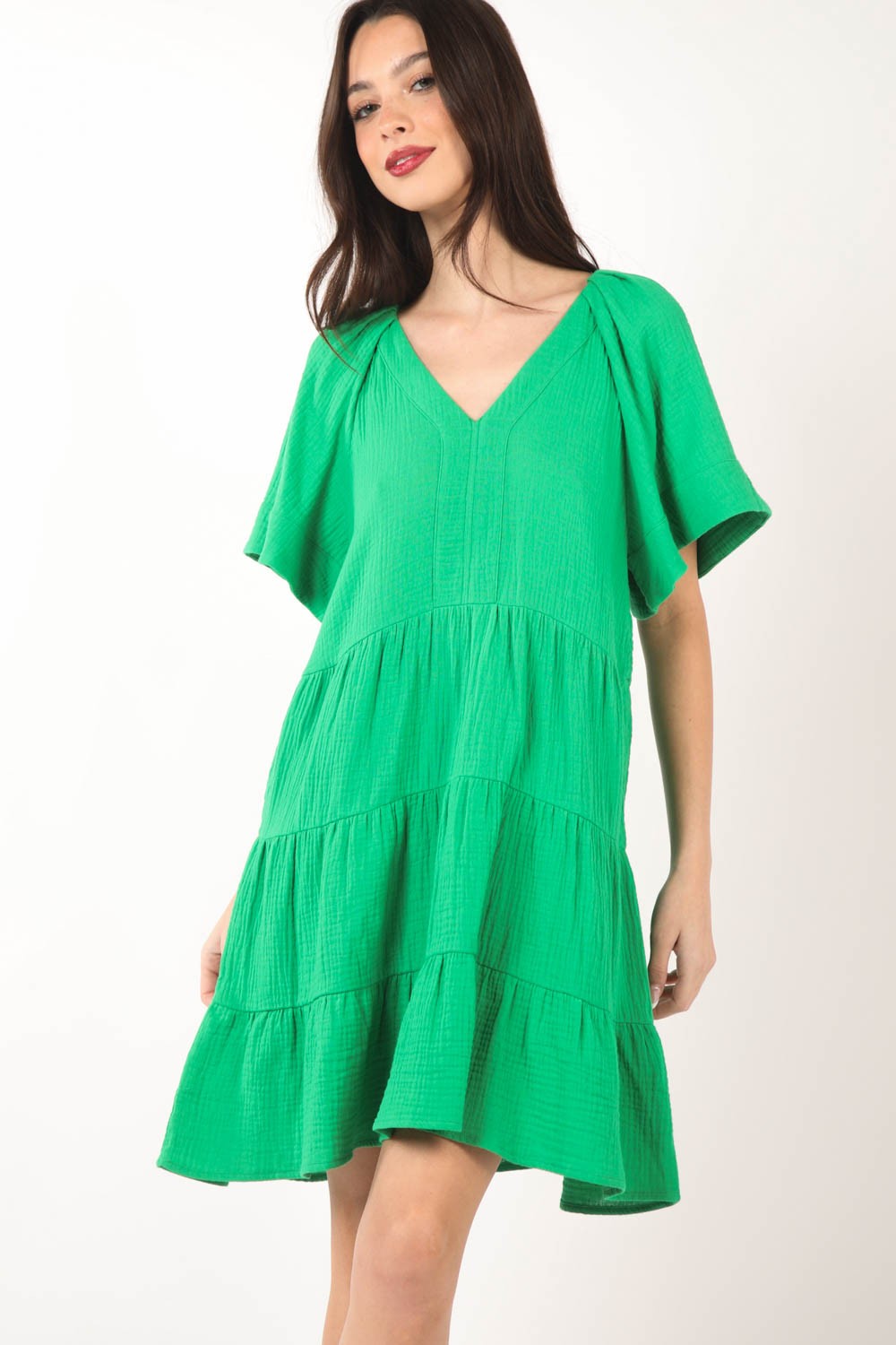 VERY J Texture V-Neck Ruffled Tiered Dress - AllIn Computer