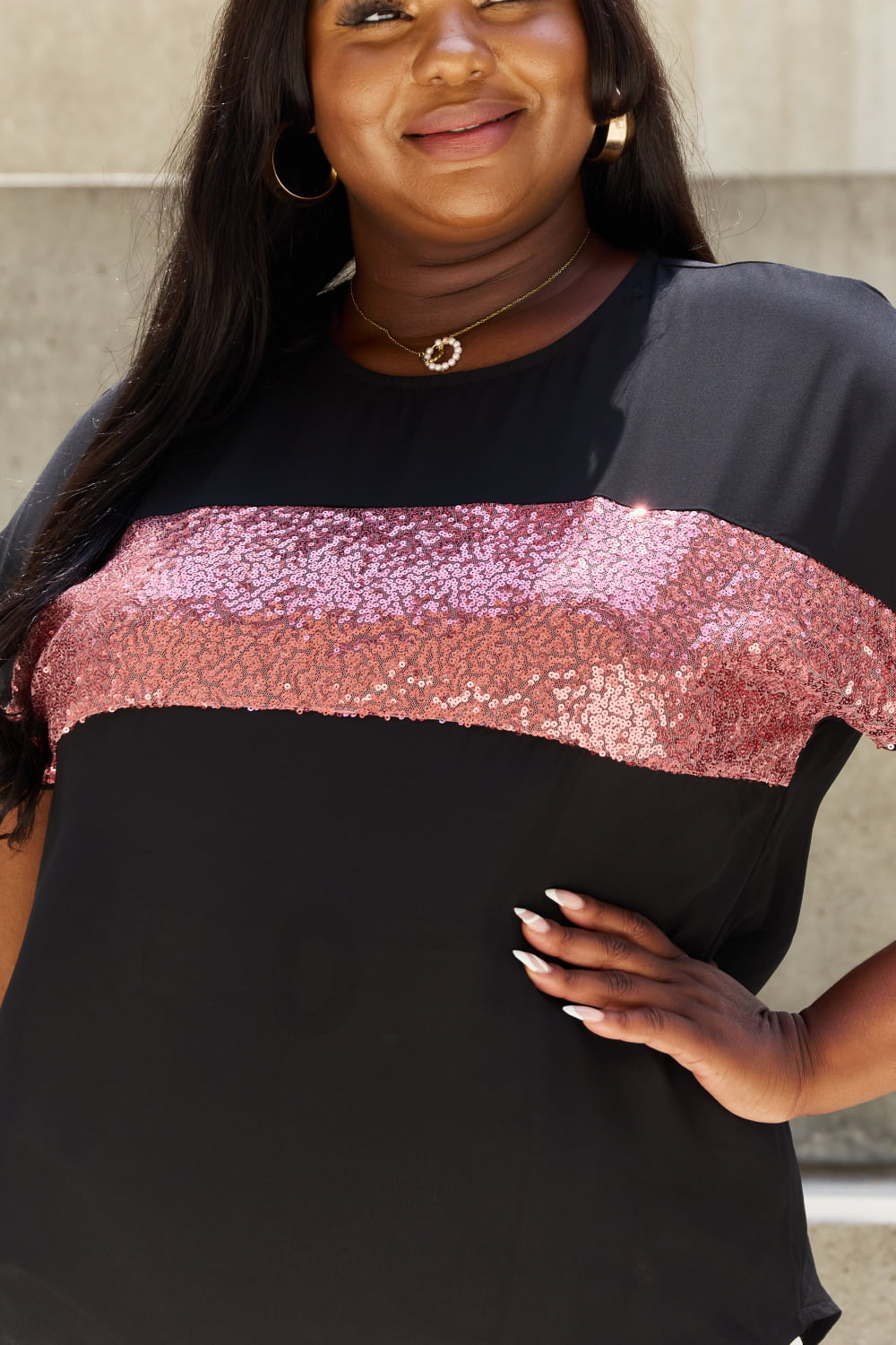 Sew In Love Shine Bright Full Size Center Mesh Sequin Top in Black/Mauve - AllIn Computer