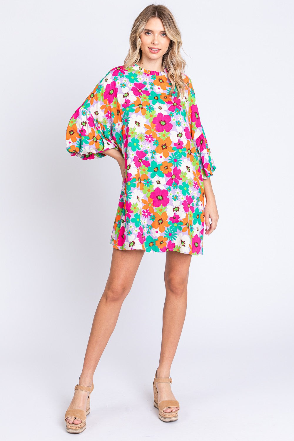 GeeGee Full Size Floral Round Neck Lantern Sleeve Mini Dress - AllIn Computer