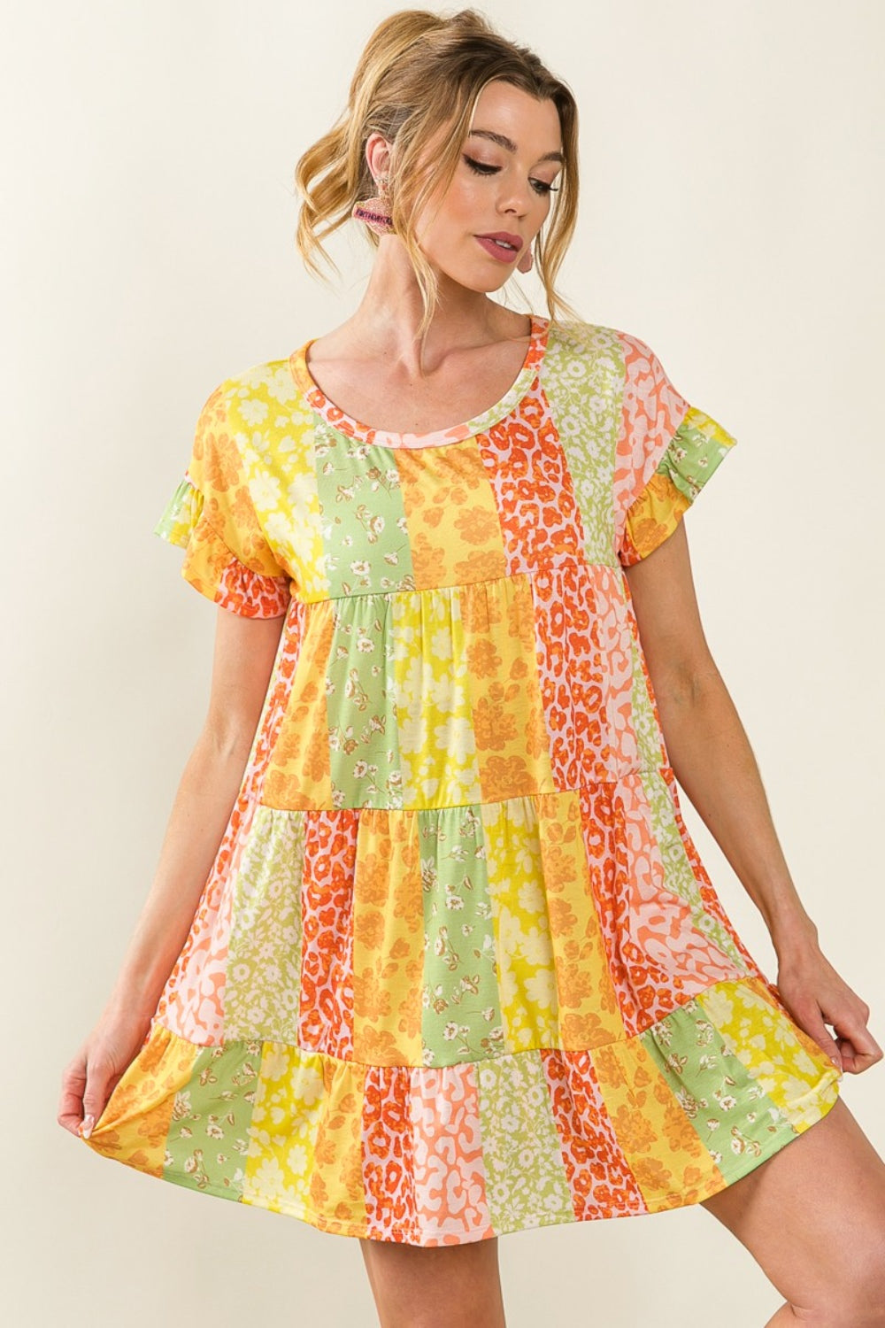 BiBi Leopard Short Sleeve Tiered Dress - AllIn Computer