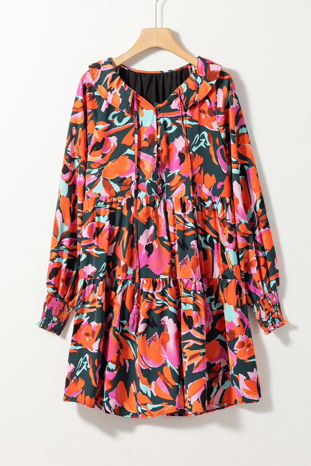 Printed Tie Neck Lantern Sleeve Mini Dress - AllIn Computer