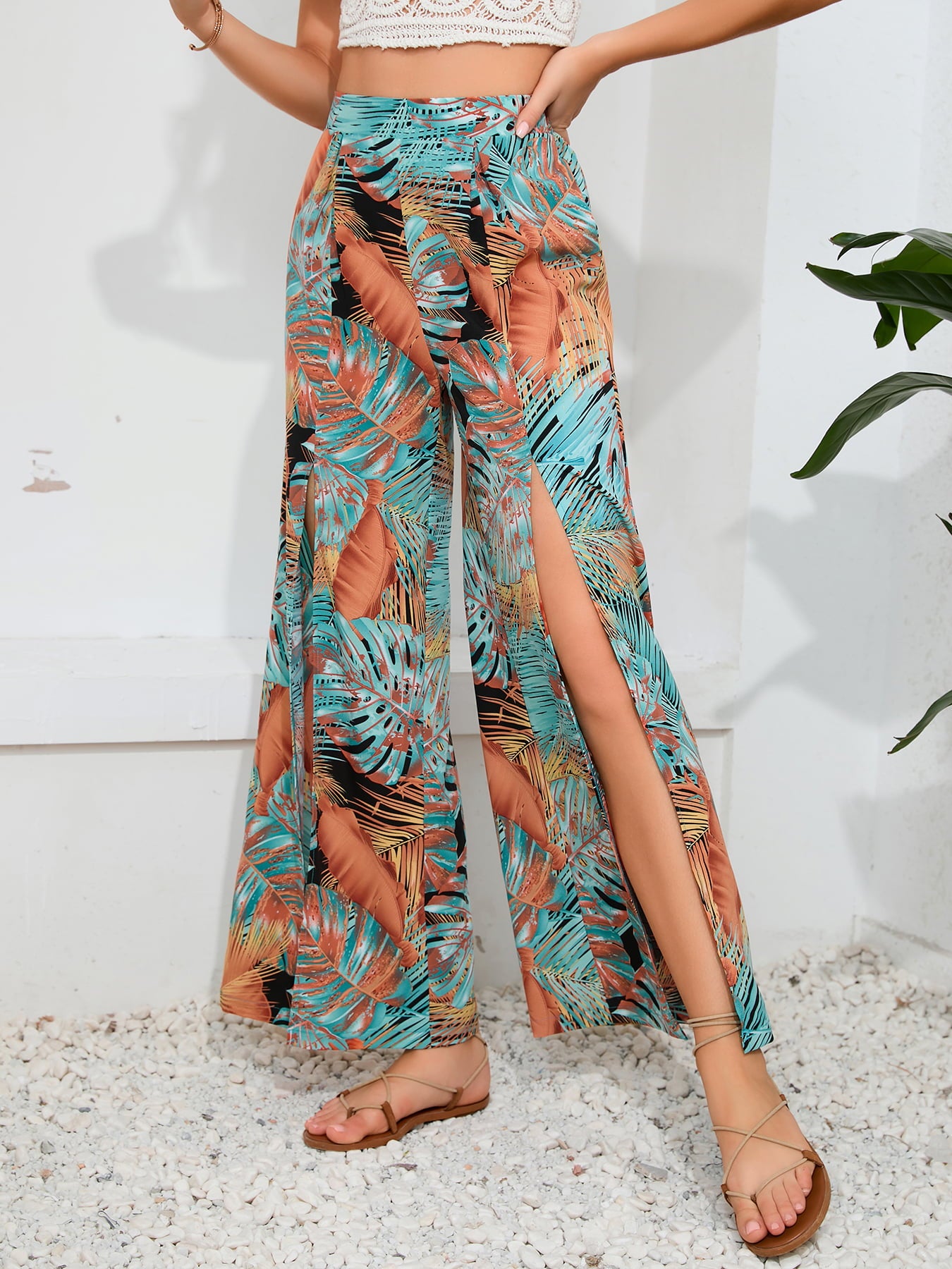 Printed Split Wide Leg Long Pants | CLOTHING,SHOES & ACCESSORIES | CATHSNNA, long pants, pants, Ship From Overseas, split pants, wide leg pants | Trendsi