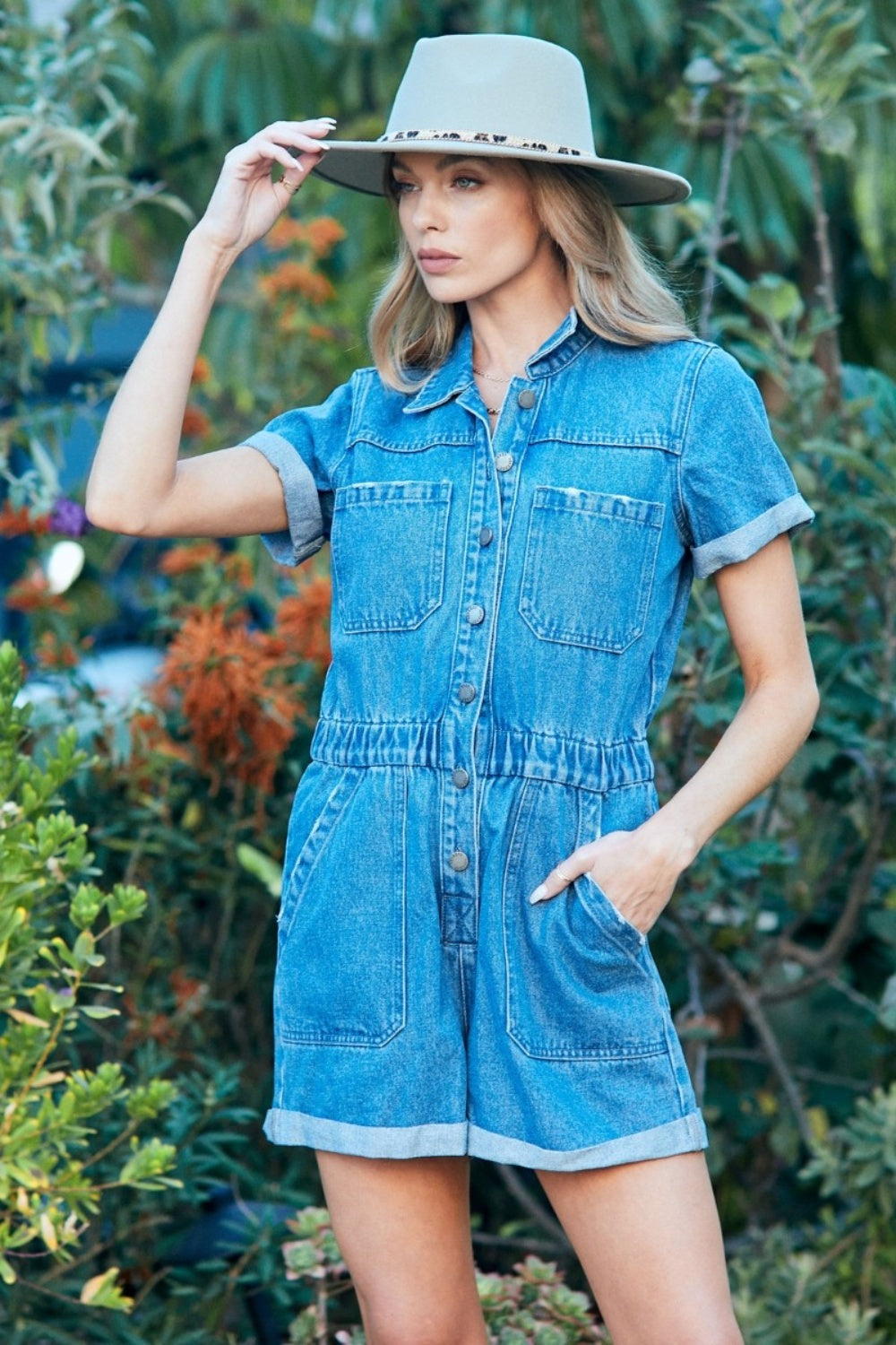Veveret Elastic Waistband Denim Romper - AllIn Computer