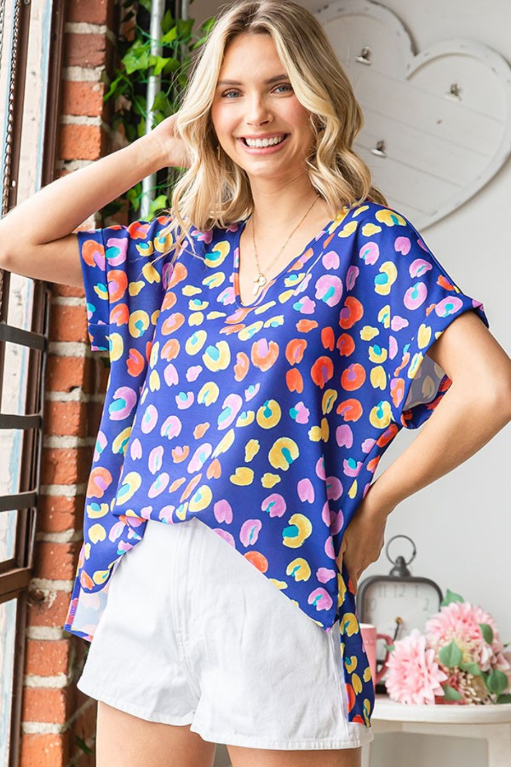 First Love Printed V-Neck Short Sleeve Blouse - AllIn Computer