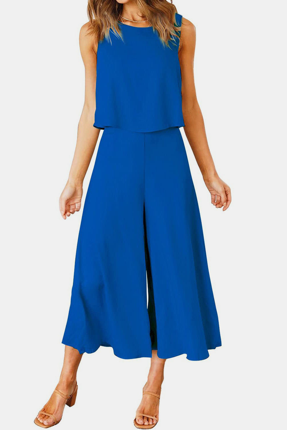 Round Neck Top and Wide Leg Pants Set - AllIn Computer