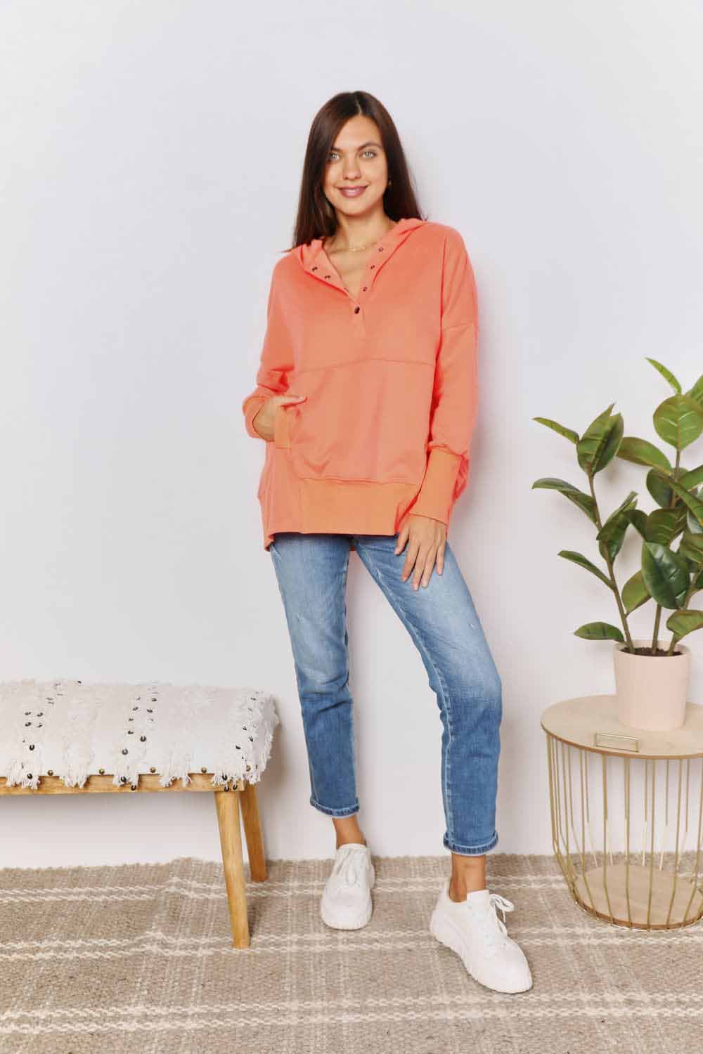 Double Take Quarter-Snap Dropped Shoulder Hoodie - AllIn Computer