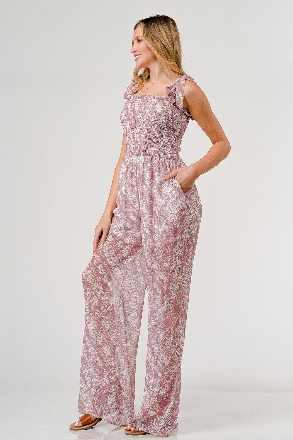 GeeGee Printed Tie Shoulder Wide Leg Jumpsuit - AllIn Computer