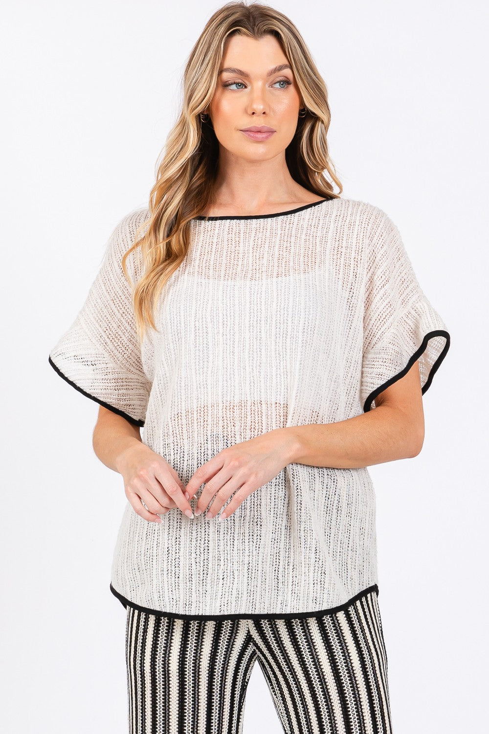 GeeGee Contrast Trim Short Sleeve Knit Cover Up - AllIn Computer