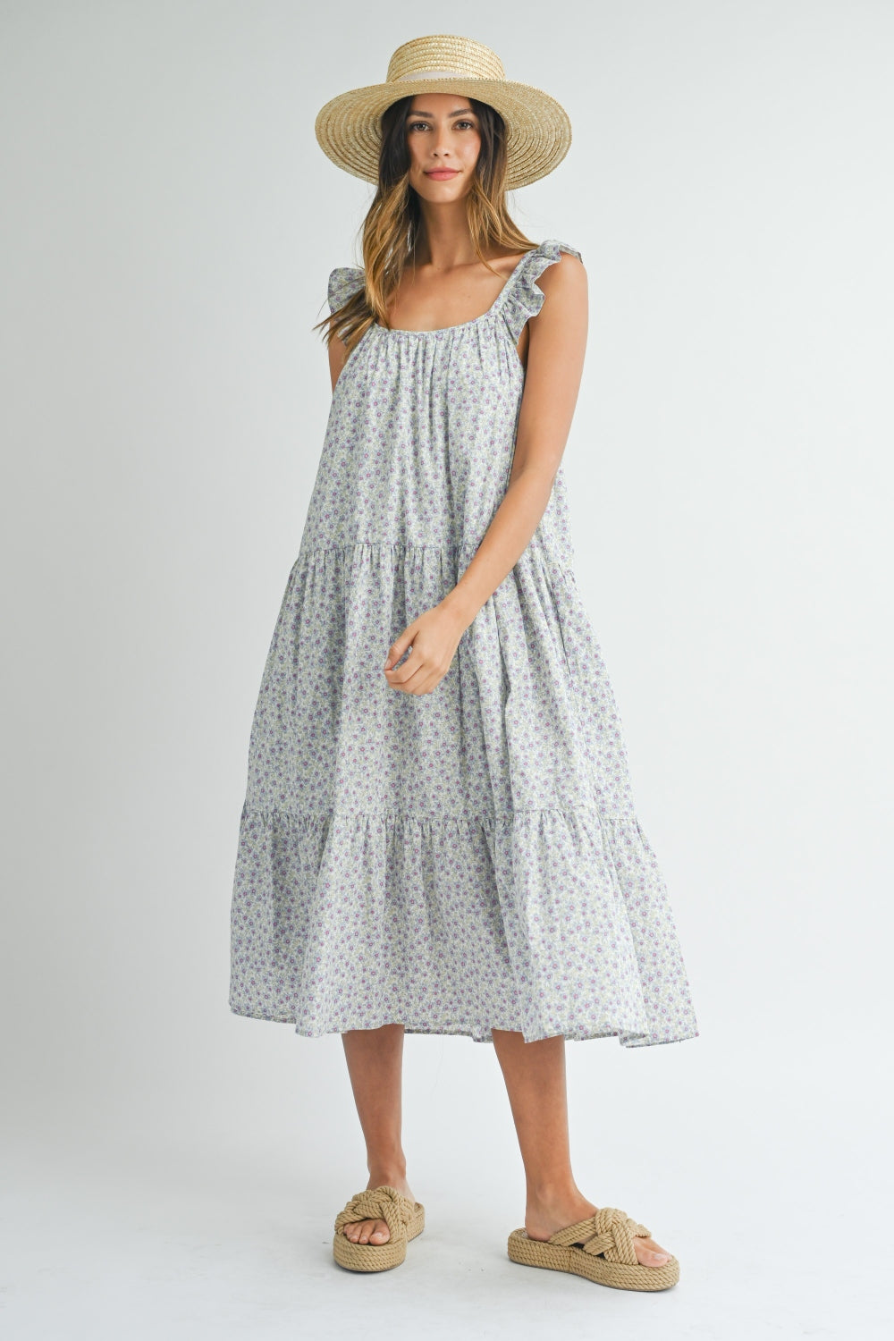 MABLE Floral Ruffle Shoulder Tiered Midi Dress - AllIn Computer