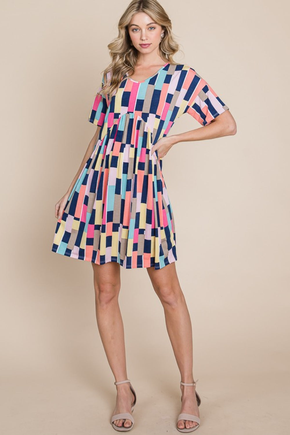 BOMBOM Ruched Color Block Short Sleeve Mini Dress - AllIn Computer