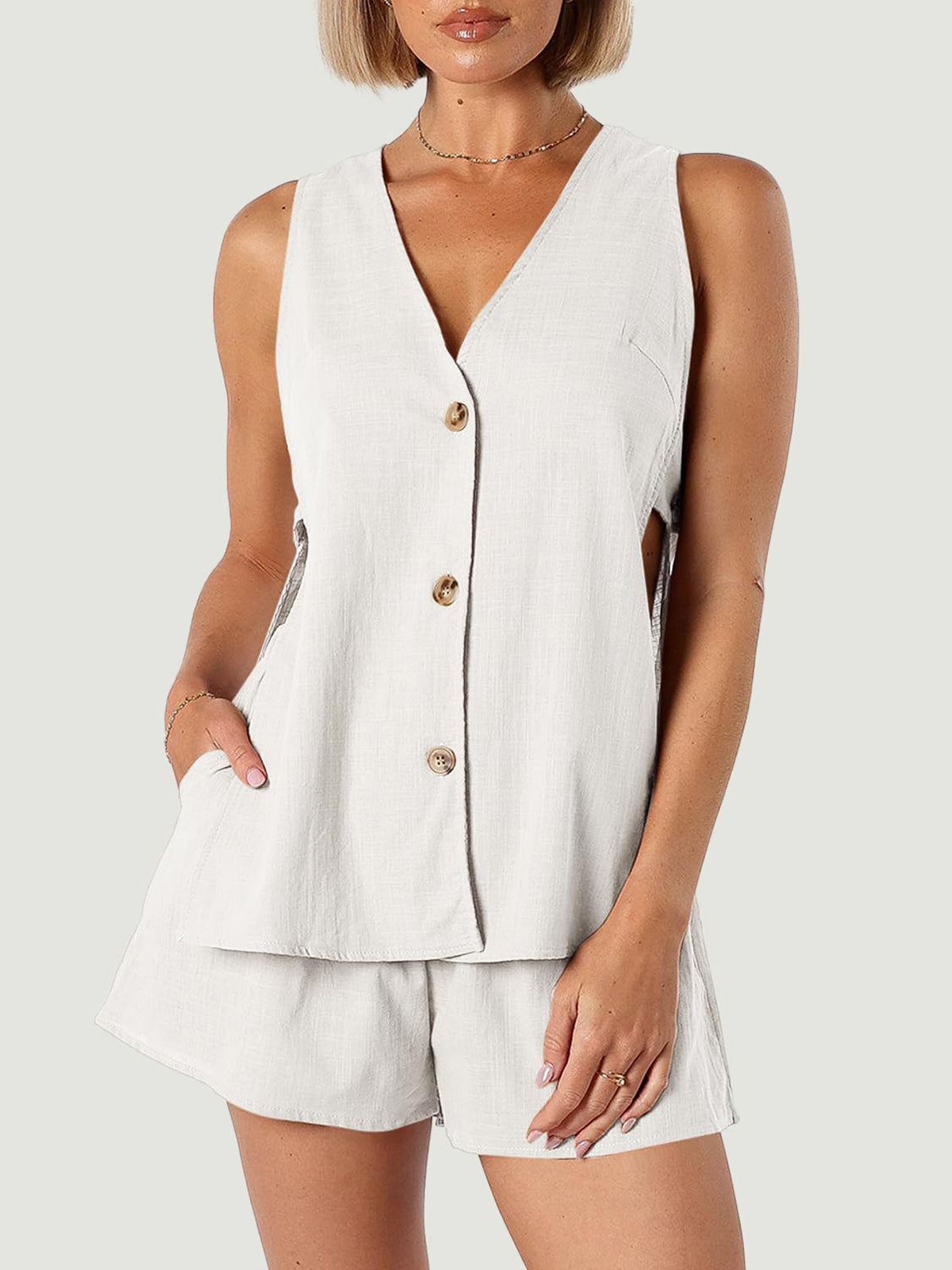 Full Size Button Up Top and Shorts Set - AllIn Computer