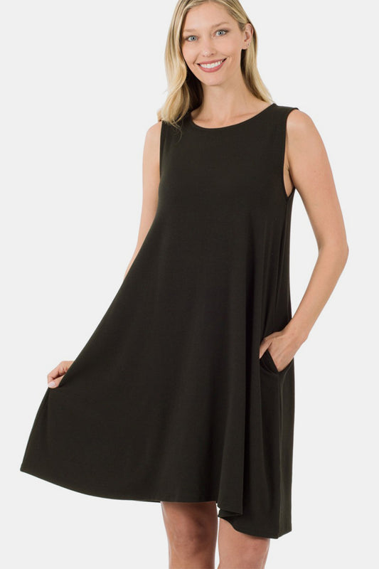 Zenana Full Size Sleeveless Flared Dress with Side Pockets - AllIn Computer