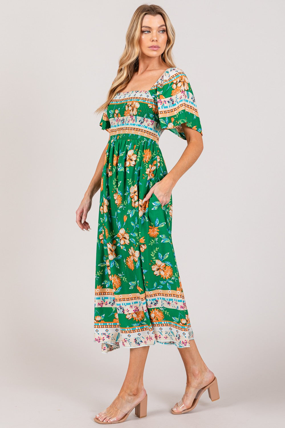 SAGE + FIG Printed Smocked Short Sleeve Midi Dress - AllIn Computer
