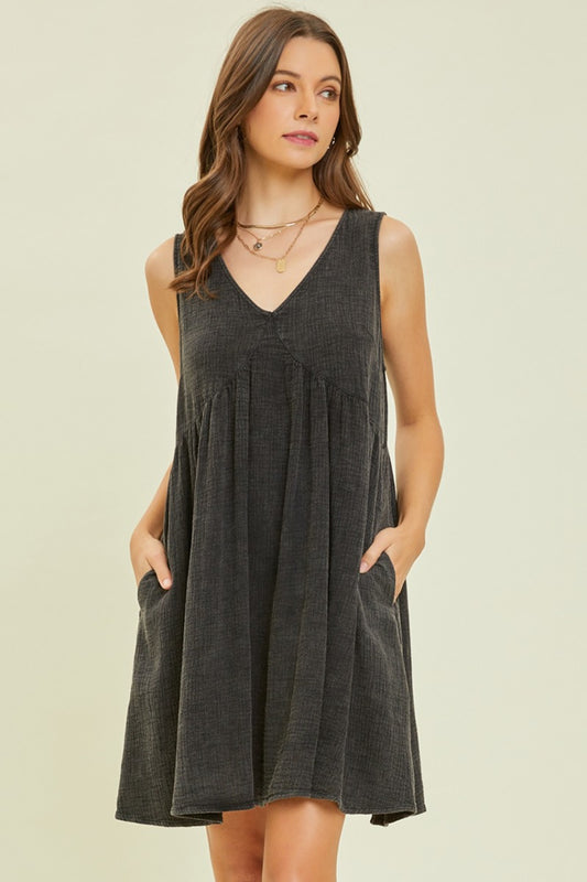 HEYSON Full Size Texture V-Neck Sleeveless Flare Mini Dress - AllIn Computer