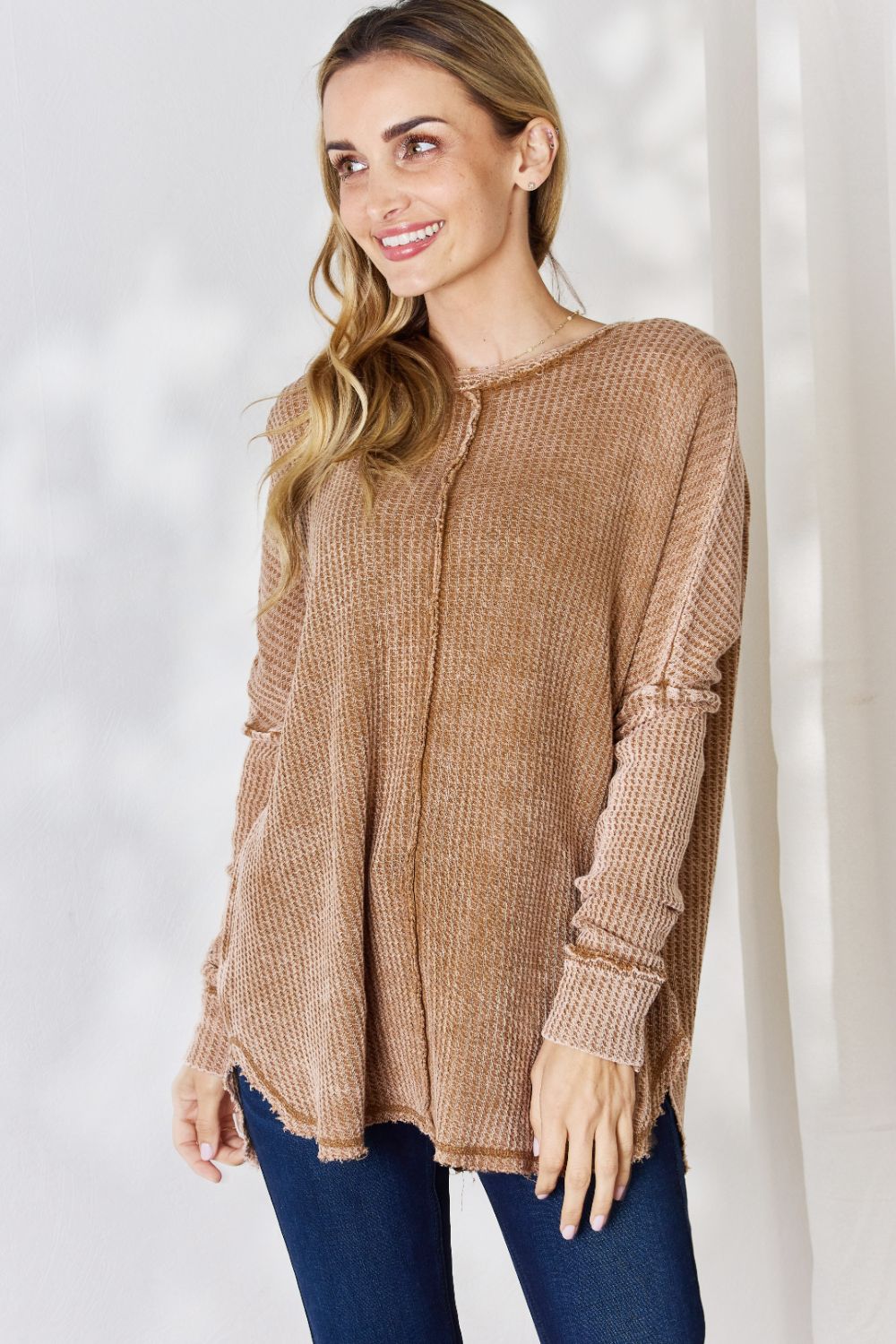 Zenana Oversized Washed Waffle Long Sleeve Top - AllIn Computer