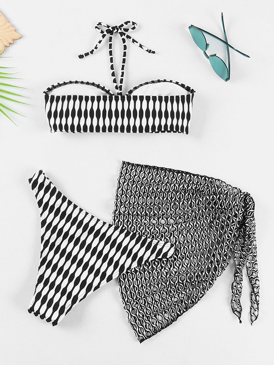 Geometric Halter Neck Three-Piece Swim Set - AllIn Computer