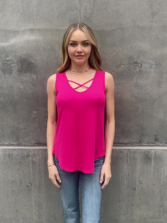 BOMBOM Criss Cross Front Detail Sleeveless Top in Hot Pink