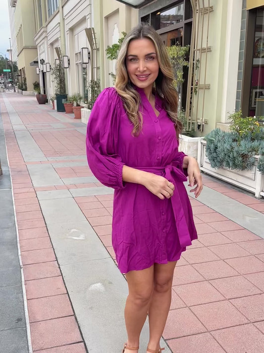 Jade By Jane Hello Darling Full Size Half Sleeve Belted Mini Dress in Magenta