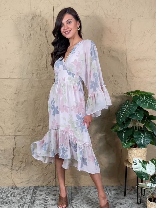 OneTheLand The Right Time Floral Bell Sleeve Midi Dress in Coral
