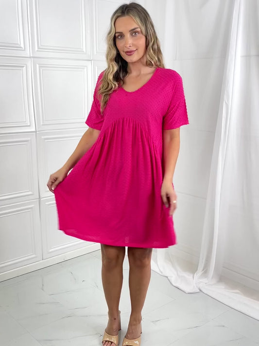 BOMBOM Another Day Swiss Dot Casual Dress in Fuchsia