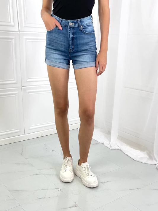 Kancan Full Size High Rise Medium Stone Wash Denim Shorts