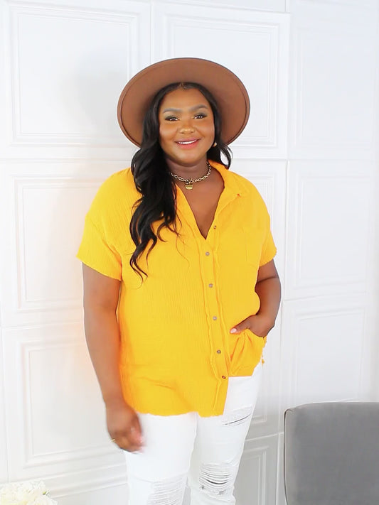 Zenana Full Size Summer Breeze Gauze Short Sleeve Shirt in Mustard