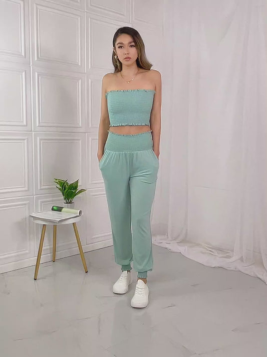 Zenana Full Size Stylish Comfort Smocked Tube Top & Jogger Set