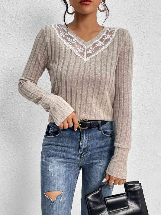 Lace Detail Ribbed V-Neck Long Sleeve Top - AllIn Computer