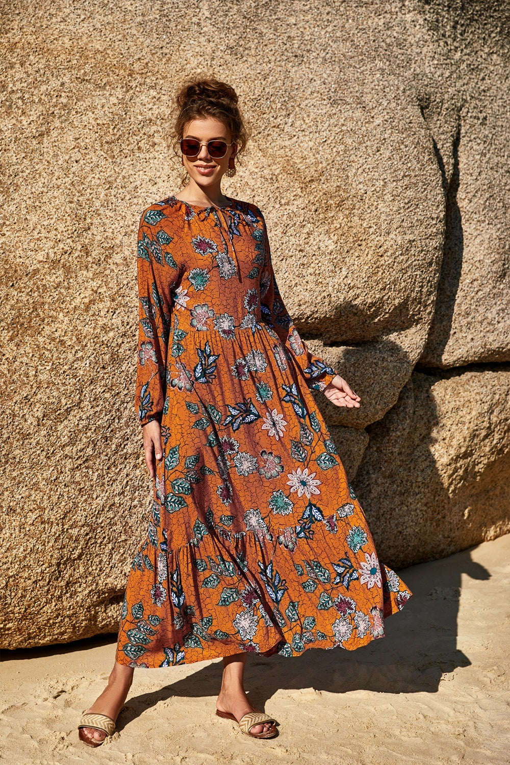 Printed Tie Neck Long Sleeve Dress - AllIn Computer