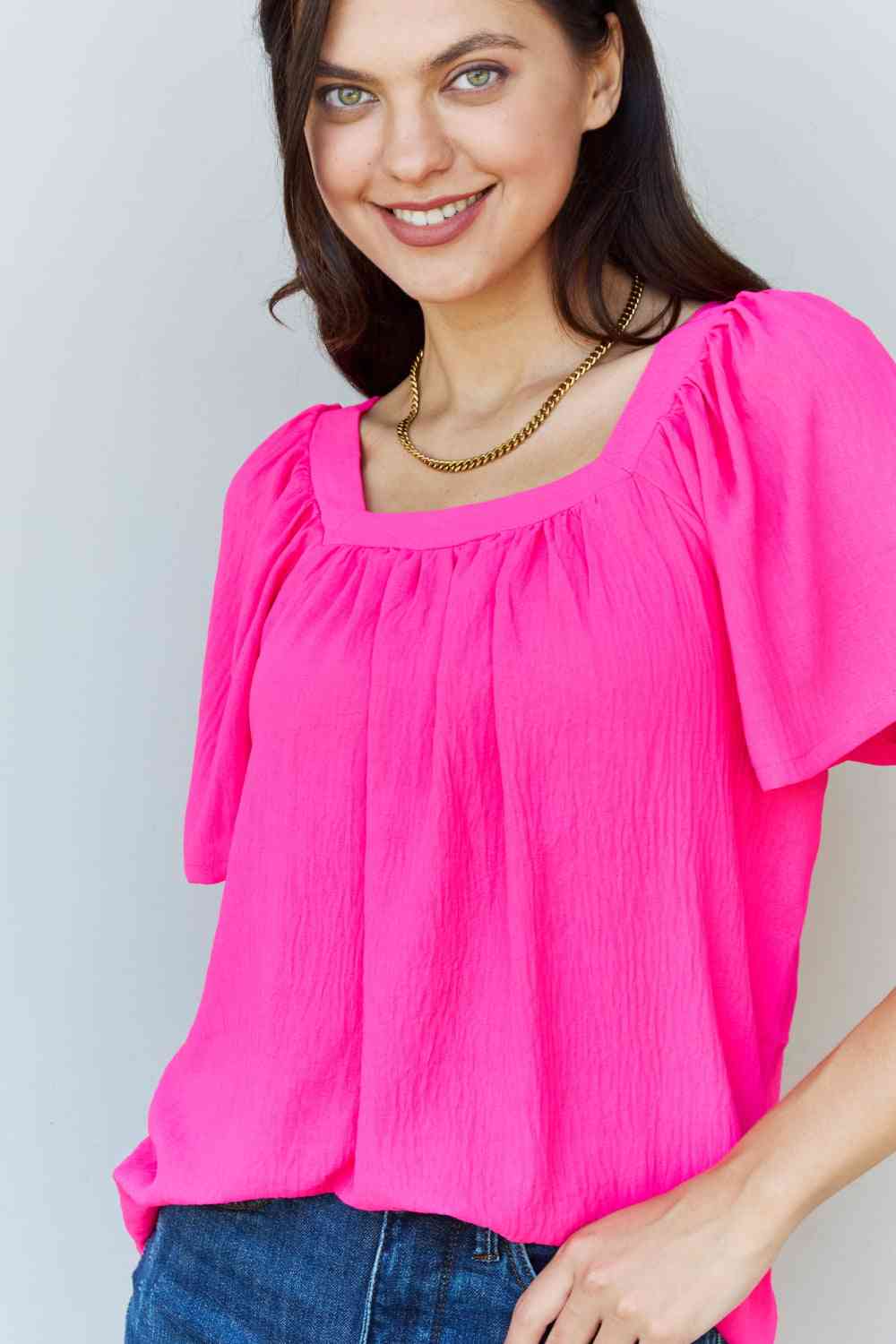 Ninexis Keep Me Close Square Neck Short Sleeve Blouse in Fuchsia - AllIn Computer