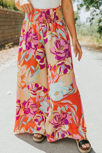 Floral Smocked Wide Waistband Palazzo Pants - AllIn Computer