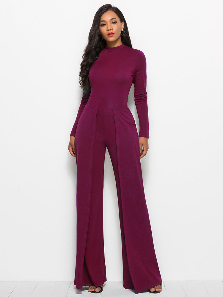 Long Sleeve Mock Neck Wide Leg Jumpsuit - AllIn Computer