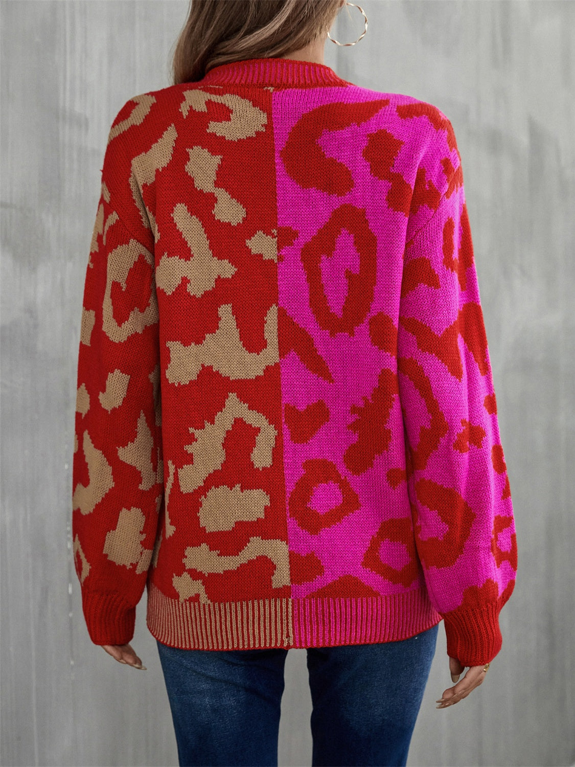Leopard Round Neck Long Sleeve Sweater - AllIn Computer
