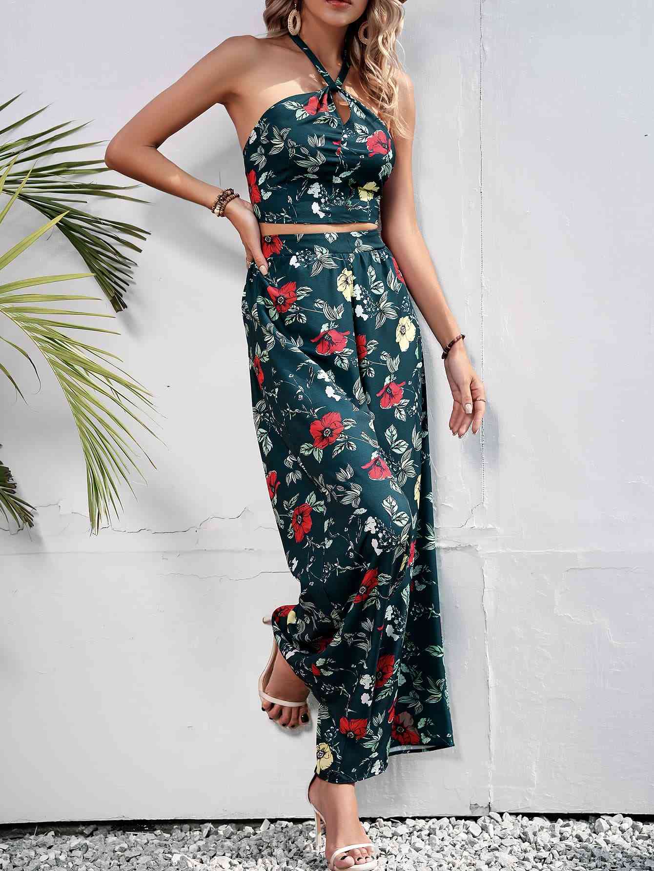 Floral Halter Neck Top and Wide Leg Pants Set | CLOTHING,SHOES & ACCESSORIES | Hanny, outfit sets, Ship From Overseas | Trendsi